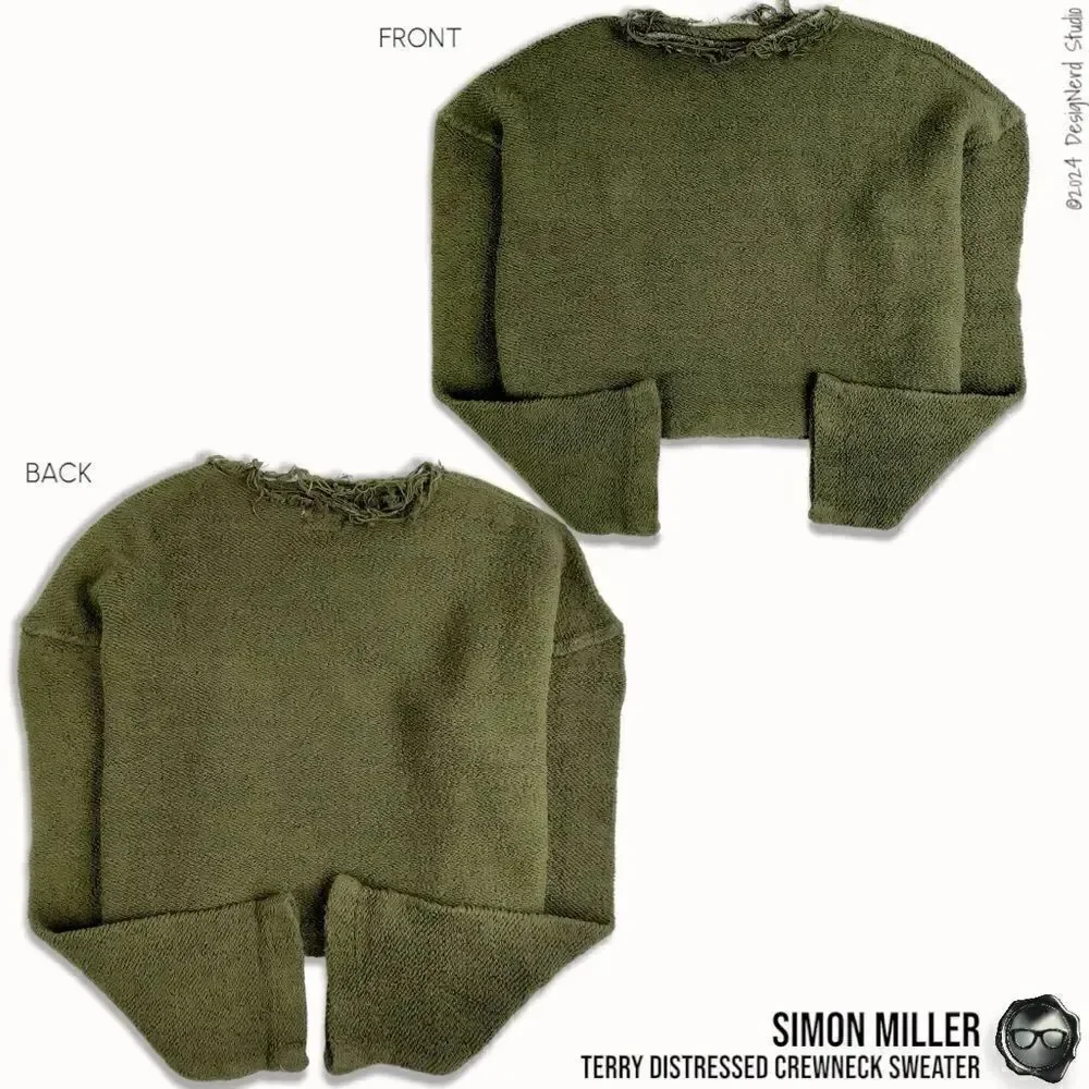 SIMON MILLER DISTRESSED CREWNECK SWEATER IN MOSS GREEN TERRY CLOTH 2016 OVERSIZE